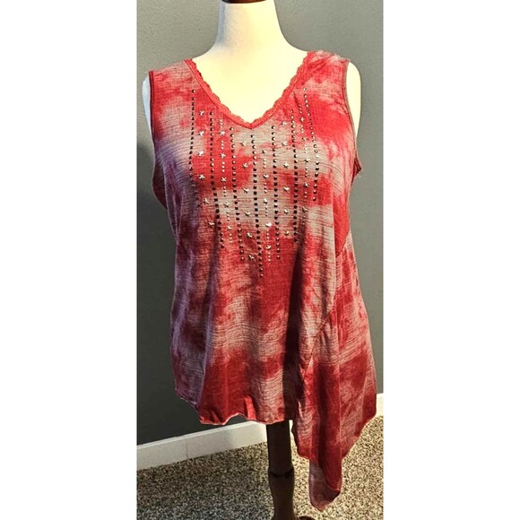 Unity One World Womens XL Red Asymmetrical Studded Lace Trim Boho Top - Picture 1 of 9